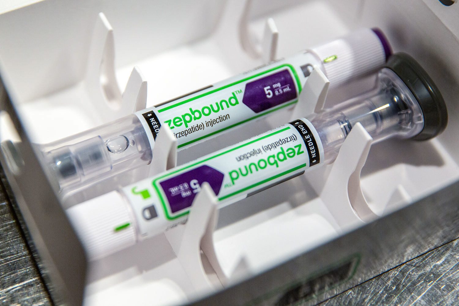 Close-up of two Zepbound (tirzepatide) injection pens in their packaging.